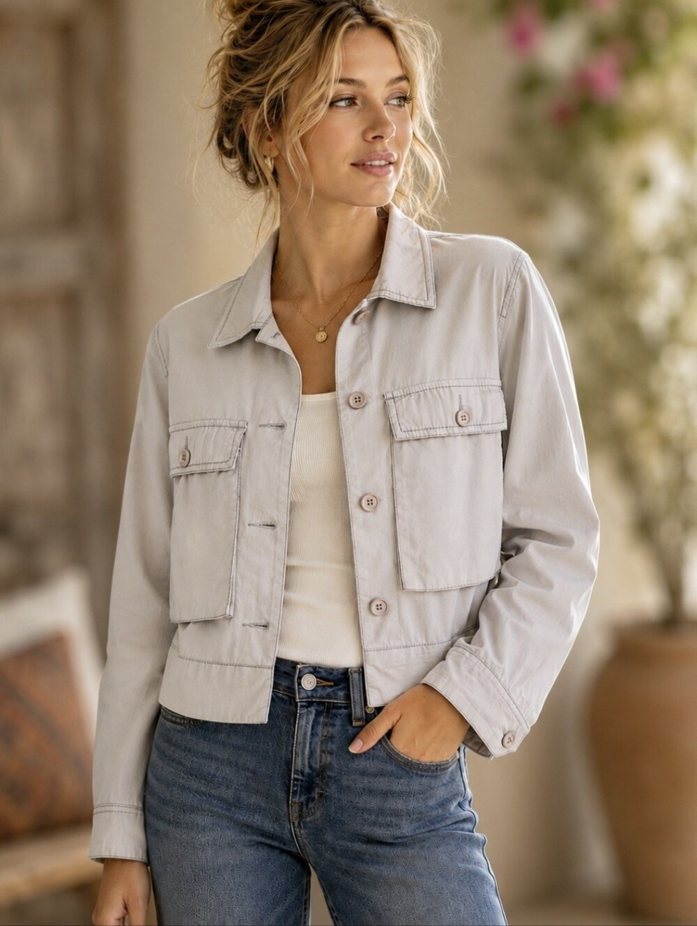 Marrakech Anthropologie Utility Jacket Large Light Taupe Gray Safari